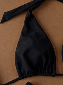 Women's Black Solid Color Beach Holiday Date Party Halter Tie Sexy Bikini And Triangle Panty Swimwear Set, Spring/Summer Vacation - Black - View 5