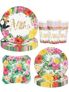 10pcs/20pcs/50pcs/80pcs Hawaiian Party Supplies, Flamingo & Palm Leaf Pattern Tropical Party Paper Tableware Set, Including 7/9 Inch Paper Plates, Paper Cups, 6.5 Inch Paper Napkins, Hawaiian Theme Birthday Party Decorations, Suitable For Summer Beach Pool Party For Men And Women - Multicolor - View 3