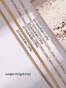 Nooxian 4pcs/Set Gold Tone Jewelry Anklet Set, Boho Beach Resort Layered Style, Stainless Steel Blade Chain & Copper Base Chain Multilayer Anklet Accessories For Women - Yellow Gold - View 5