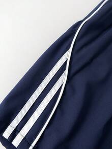 1件女童青少年運動休閒百搭夏季輕量透氣時尚條紋拼接百慕大短褲 - 藏蓝色 - 查看 8