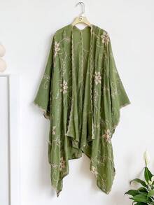 一件优雅花卉刺绣波西米亚风和服/纱笼，女士春夏沙滩罩衫，轻盈披肩，百搭时尚配饰，奢华礼品，假日旅行必备 - 綠色 - 查看 7
