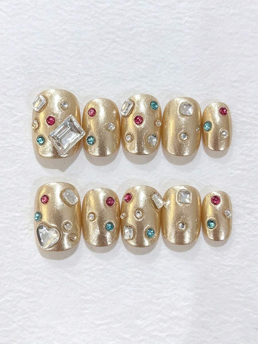 10片短款方形和圆形甲片，镜面金色底，饰有3D水晶爱心，Y2K朋克奢华风假指甲，手工制作，可重复使用，适合新手，日常、通勤、派对、音乐会等场合，是送给她的绝佳礼物。 - 金色 - 查看 1