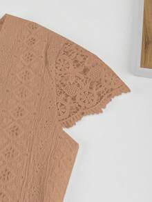 V-Neck Lace Patchwork Hollow Out Embroidery Front Button Spring/Summer Short Sleeve Top Vacation - Coral Orange - View 5