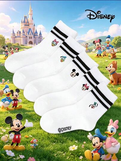 Disney Bộ 5 đôi tất giữ ấm bắp chân cho trẻ em, họa tiết hoạt hình hợp tác, gồm các nhân vật Stitch/Donald Duck/Daisy Duck, tất trắng kẻ sọc đôi, tất trắng có viền bèo nhún, thích hợp cho mùa xuân/hè.