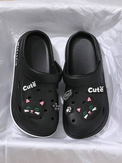  MAOLI Casual Black Leopard Print Kitten Cartoon Cute Ladies' Home Slippers, Summer New Hollow Breathable Slip-On Flats With Black Kitten Decor, Lightweight & Comfortable For Women