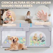 Parque infantil, centro de actividades para niños, barrera plegable y portátil apta para uso en interiores, con base antideslizante. Incluye 50 pelotas + 1 canasta + 2 aros. Construcción resistente con material impermeable. Viene con bolsa de almacenamiento. Dimensiones: 180 x 150 cm. Color: gris. - Gris - Ver 8