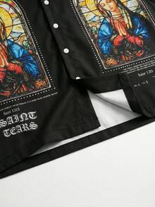 FRACTYR 男士夏季休闲宽松短袖梭织衬衫，饰有圣母玛利亚数码印花，百搭街头风 - 黑色 - 查看 5