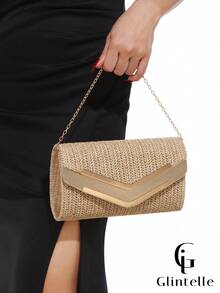 Glintelle Brown Woven Summer Beach Clutch, Elegant Vacation Dinner Handbag, Detachable Chain Design, Suitable For Weddings, Parties, And Vacation Occasions - Brown - View 8