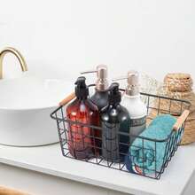 Metal Storage Basket With Wooden Handle, Kitchen Food Storage Metal Wire Basket, Suitable For Pantry, Cabinet, Countertop, Bathroom, Closet, Laundry Room, Can Store Towels, Cosmetics, Toiletries, Snacks, Fruits, Ingredients, Groceries, Handheld With Random Color Wooden Handle - Multicolor - View 3