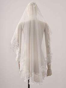 1pc Mantilla Style Lace Trim Fingertip Length Bridal Veil With Comb, White/Ivory,Festival,Birthday - Multicolor - View 6