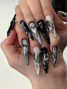 24片长款欧美复古银色3D水滴图案黑色蝴蝶手工美甲贴片，适合旅行、派对、日常外出、节日等场合佩戴，多功能尖头美甲贴片 + 1瓶果冻胶 + 1把指甲锉 - 黑色 - 查看 7