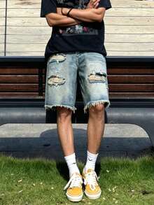2026 Nueva Colección de Verano Pantalones Cortos Holgados Rasgados Versátiles Casuales hasta la Rodilla para Hombres - Azul - Ver 3
