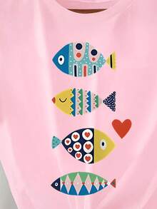 Plus Size Round Neck Short Sleeve T-Shirt, Made Of High Elasticity Fabric, Printed With Colorful Fish Pattern - Pink - View 3