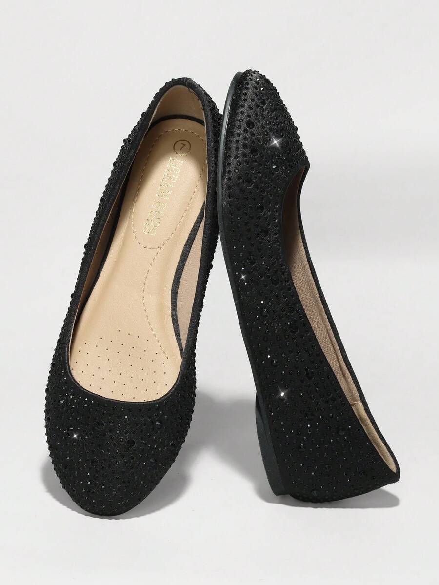 Bailarinas con rhinestones para mujeres, zapatos slip-on elegantes y cómodos de punta redonda, unicolor para el Día de San Valentín - Negro - Ver 1