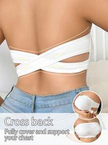 1pc Plus Size Women Casual & Comfortable Minimalist Lace Patchwork Wireless Bra, Knit Fabric - White - View 4