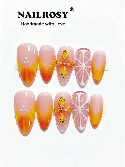 nailrosy 10片手工亚克力按压式美甲贴片，粉色透明中杏仁形甲片，短款3D立体花朵美甲用品，假指甲贴片，美甲工具，适用于婚礼、生日派对、Y2K风格美甲，可爱法式水果橙子夏季美甲