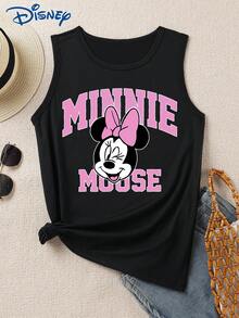Disney 1 chiếc áo thun không tay in hình chuột Minnie hoạt hình dành cho nữ, cổ tròn, co giãn, phù hợp mặc hàng ngày, chất liệu dễ giặt ủi, áo vest thời trang thường ngày cho nữ. - màu đen - Xem 1
