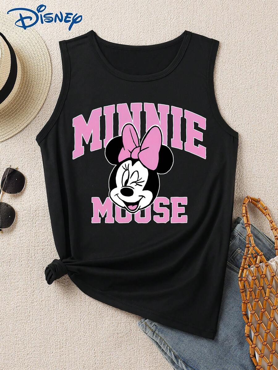Disney 1 chiếc áo thun không tay in hình chuột Minnie hoạt hình dành cho nữ, cổ tròn, co giãn, phù hợp mặc hàng ngày, chất liệu dễ giặt ủi, áo vest thời trang thường ngày cho nữ. - màu đen - Xem 1