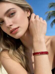 1件简约酒红色开口手镯，适合日常佩戴和派对场合，波西米亚风格 - 酒紅色 - 查看 5