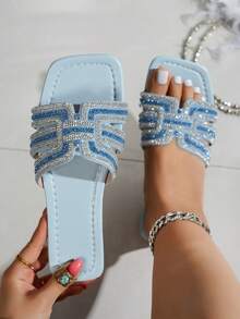 新款宽楦女鞋，水晶装饰拖鞋，休闲凉鞋，平底凉鞋，时尚百搭一脚蹬，适合日常穿着 - 藍色 - 查看 1