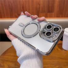 Ốp lưng điện thoại trong suốt đính kim cương lấp lánh, tương thích với iPhone 17 Pro Max 16 15 14 13 12 11 Pro 14 Plus 17 E, hỗ trợ sạc không dây từ tính, có viền bảo vệ. - Bạc - Xem 7