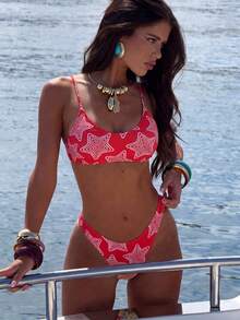 2 Pieces Red Star Print Bikini Set For Women, Backless With Adjustable Shoulder Straps, Ideal For Beach Vacations And Photo Shoots Summer - Multicolor - View 4