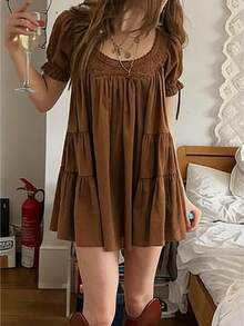 Women Puff Sleeve Babydoll Mini Dress Y2K Lace Trim Ruffle Flowy Dresses Summer Loose Swing Going Out Sundresses - 棕色 - 查看 3
