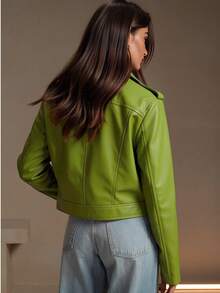 Women's Minimalist Versatile Faux Leather Short Motorcycle Jacket, Suitable For Spring And Autumn - Green - View 2