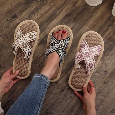 QEEDUOOF Spring/Summer Linen Criss-Cross Slippers, Embroidery Design, Multiple Colors Available, Unisex Casual Wear