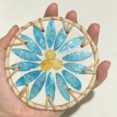 Bohemian Style Hand-Painted Shell & Rattan Insulated Coaster, Heat-Resistant Round Cup Mat For Coffee, Home Kitchen, Restaurant Decor, Housewarming, Wedding Gift