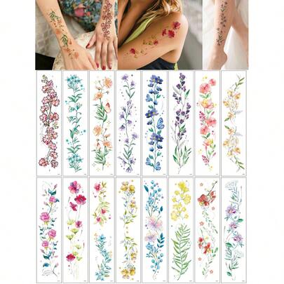 8pcs Flower Temporary Tattoo Stickers For Women, Waterproof Floral Fake Tattoo Hand Tattoo Body Art, Summer Holiday Body Decor