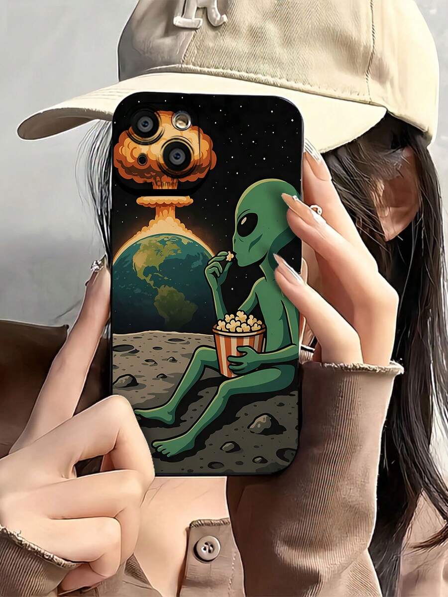 Un extraterrestre verde observa la explosión atómica de la Tierra.funda de teléfono Fundas compatibles con ,Apple,VIVO,OPPO,,, y Honor.Fabricadas en silicona TPU,ofrecen protección contra golpes y caídas. - Negro - Ver 1
