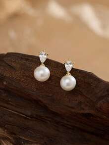 14k Gold Plated CZ Pearl Bridal Earrings, Low Allergy Gold Plated Earrings, Elegant Wedding Bride Pearl Jewelry For Women - 金色 - 查看 7