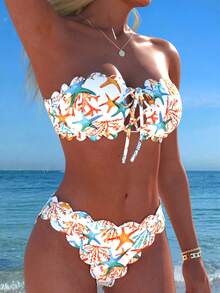 Bộ bikini buộc dây cổ yếm xếp nếp in họa tiết lá cây mới, đồ bơi gợi cảm, thời trang, thoải mái cho bãi biển, hồ bơi, kỳ nghỉ dành cho phụ nữ. - trắng - Xem 3