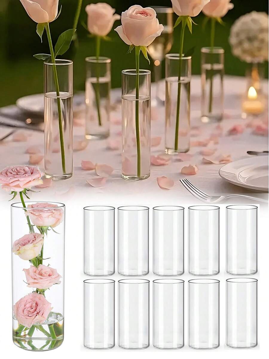 6pcs Shatterproof Transparent Plastic Cylinder Vases, Bohemian Style Centerpiece Decor, Suitable For Indoor Home Decor, Outdoor Garden, Wedding, Birthday Party, Etc. Minimalist Tabletop Centerpiece For Floral Arrangements - A - View 1