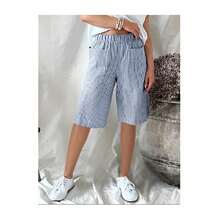 Women's Casual Shorts, Retro Summer Style, Jacquard Woven, Striped And Patchwork - Light Blue - View 1