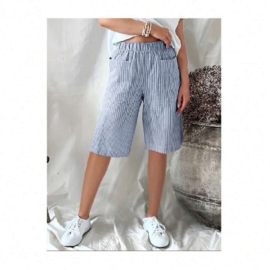 Women's Casual Shorts, Retro Summer Style, Jacquard Woven, Striped And Patchwork - Light Blue - View 1