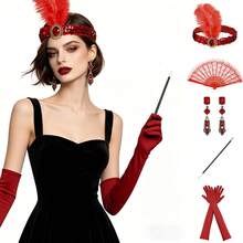 5 pièces Ensemble d'accessoires de costume pour soirée de gala de luxe, réunion annuelle, représentation sur scène, dans le style rétro des années 1920, thème de fête jazz et mascarade - Rouge - Voir 1