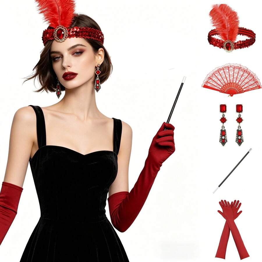 5 pièces Ensemble d'accessoires de costume pour soirée de gala de luxe, réunion annuelle, représentation sur scène, dans le style rétro des années 1920, thème de fête jazz et mascarade - Rouge - Voir 1
