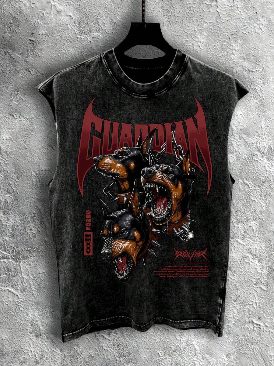 2026 New Summer Men's Sleeveless T-Shirt 230g Washed, Guardian's Wild Power Pattern-Printed Vest, Men's Washed Vintage Tank Top, Washed Cotton Fabric, Outdoor Sports And Fitness Apparel, Popular Streetwear Recommendation, Loose Washed Tank Top For Men - 黑色 - 查看 1