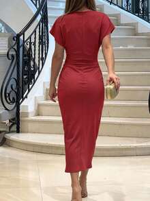 ChicMe Women's Elegant Deep V-Neck Ruched Front Slit Fitted Mid-Length Dress, Fashionable For Cocktail Party And Business Attire Red Summer - Red - View 2