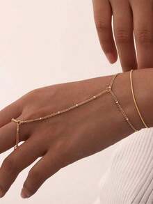 1pc Minimalist Fashion Metal Beads Chain Link Finger Ring Bracelet (Handmade Chain Cut To Appropriate Size, Random Bead Quantity) - Gold 3 - View 7