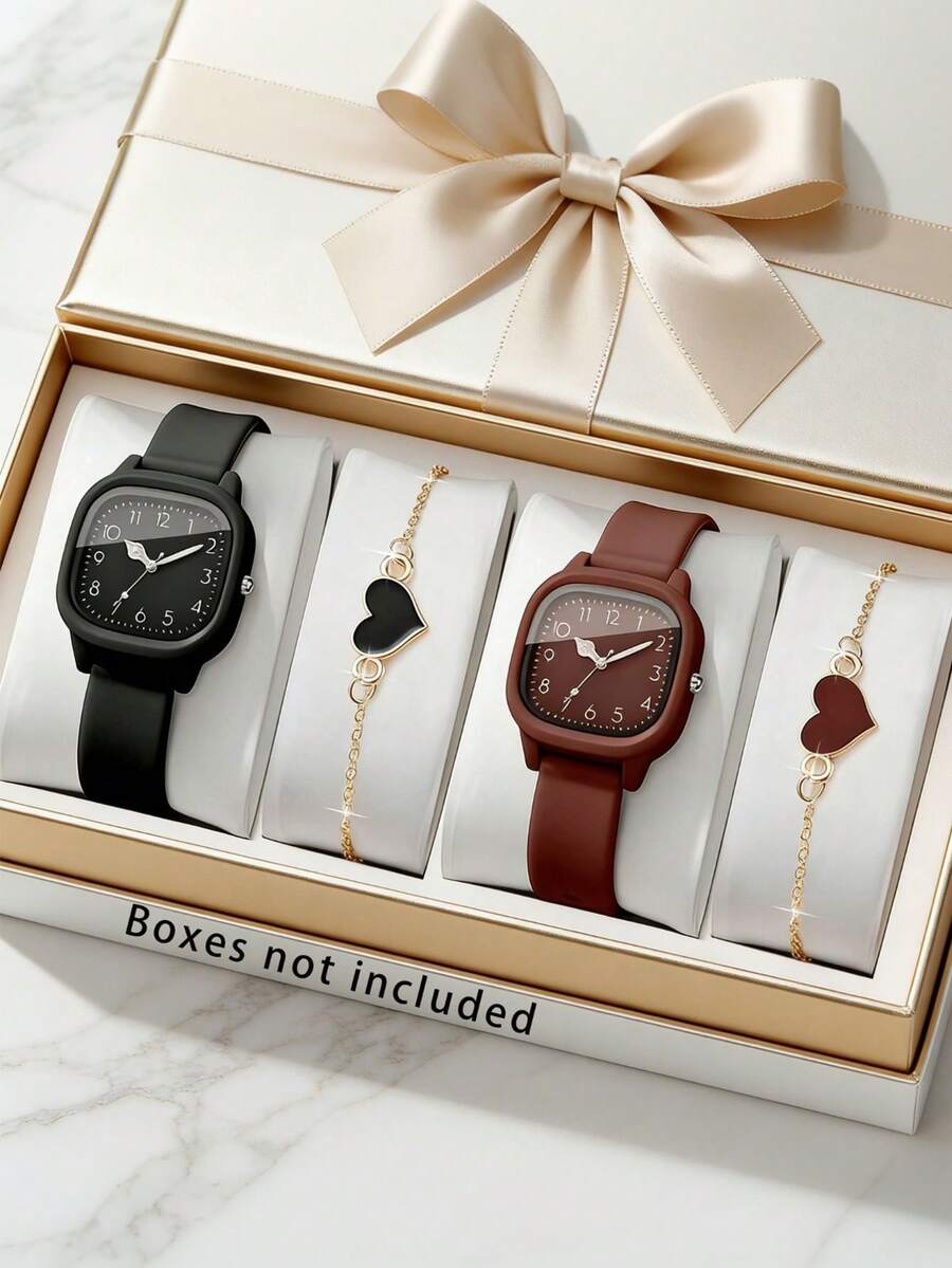 4/2件套女孩时尚小众数字表盘简约石英表，配心形手链，适合作为生日/节日礼物、返校礼物、派对礼物、毕业旅行礼物、母亲节礼物，也是送给家人和朋友的完美礼物。 - 彩色 - 查看 1