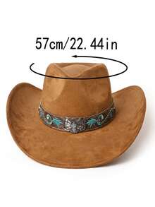 Un sombrero vaquero occidental de ante para hombres y mujeres, con bordado retro en verde esmeralda, diseño de ala ancha, correa ajustable en el ala, protección UV para uso al aire libre, adecuado para vacaciones, reuniones, actividades al aire libre y uso diario en la playa. - Sombrero de mariposa bordado en gamuza - Ver 2