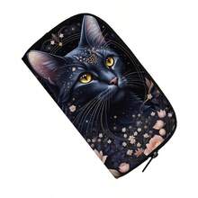 可爱黑猫印花化妆包，卡通印花女士化妆包，洗漱包，可装口红、护肤品、首饰，旅行收纳，文具袋 - 黑色 - 查看 2