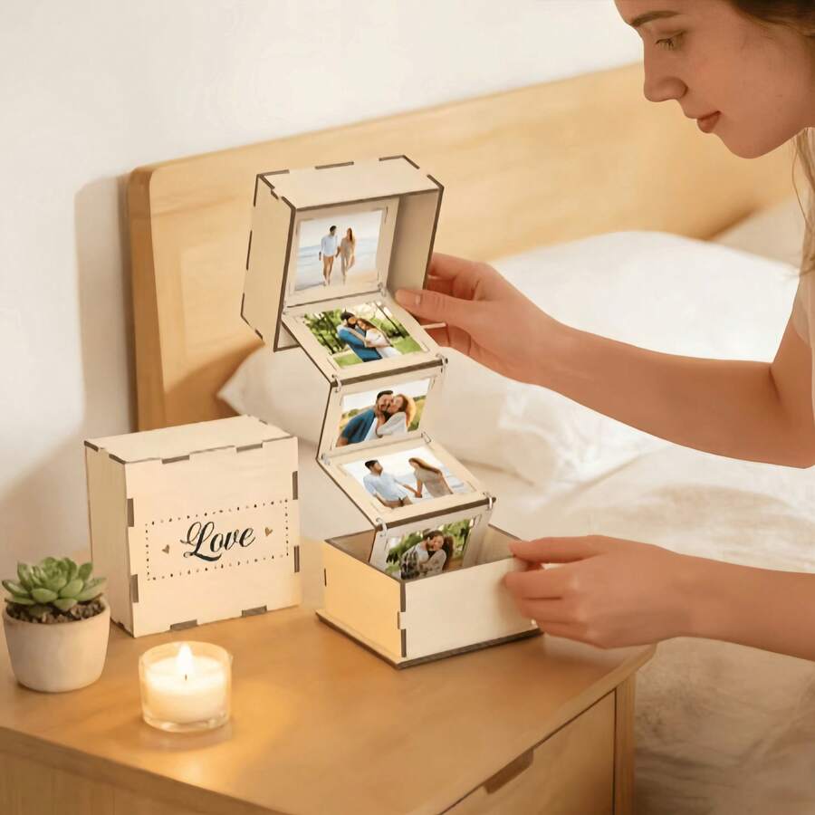 1pc Wooden Photo Memory Box - Rectangular Wooden Photo Frame, Suitable For Cherishing Photos, Can Be Used As A Scrapbook Storage Box, Applicable For Baby Shower, Wedding, Anniversary - Romantic Couple Gift, Home Decor - A - View 1