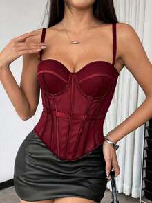 Camiseta sin espalda de malla de unicolor marrón con estilo de corsé para mujer, lencería casual de otoño/invierno negra de verano - Burdeos - Ver 3