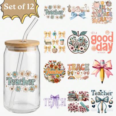 12pcs Teacher Era UV DTF Stickers (2.75x3.5in), Retro Floral Teacher Quotes Decals For Coffee Mugs, Ceramic Cups, Kindle, Laptop, DIY Teacher Appreciation Gift