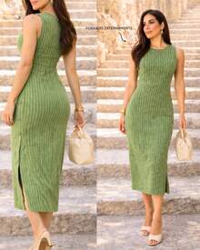 Classic Long Black Dress With A Round Neck, Pockets, And An Elegant Slit Design. - 酪梨綠條紋 - 查看 3