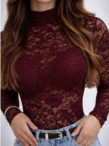 Women's Bodysuit With Transparent Lace, Long Sleeves, High Neck, Elegant, Autumn/Winter Fashion - 紅木色 - 查看 2
